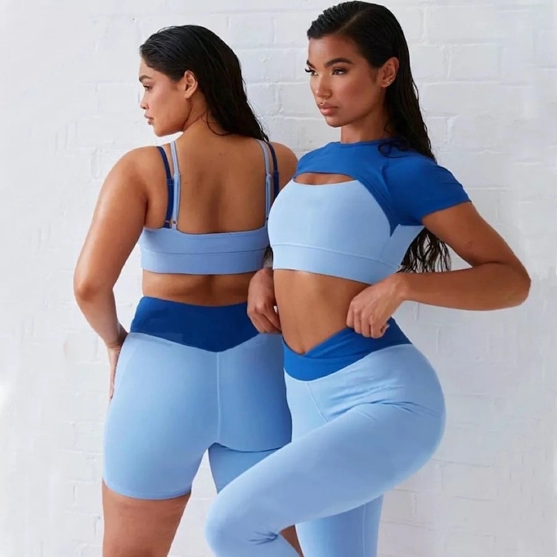 Nuevo espacio europeo y americano hueco de la moda de ropa de Yoga ropa para mujeres, atractivos colores personalizados doble Patchwork Activewear 7pcs Casual Fitness Conjunto de prendas de vestir