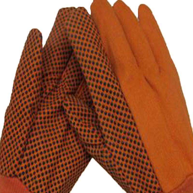 Hi-Vis Fluorescent Orange Cotton Canvas Men's Work Gloves Luvas Guantes with Black PVC Dots on Palm, Straight Thumb and Knit Wrist