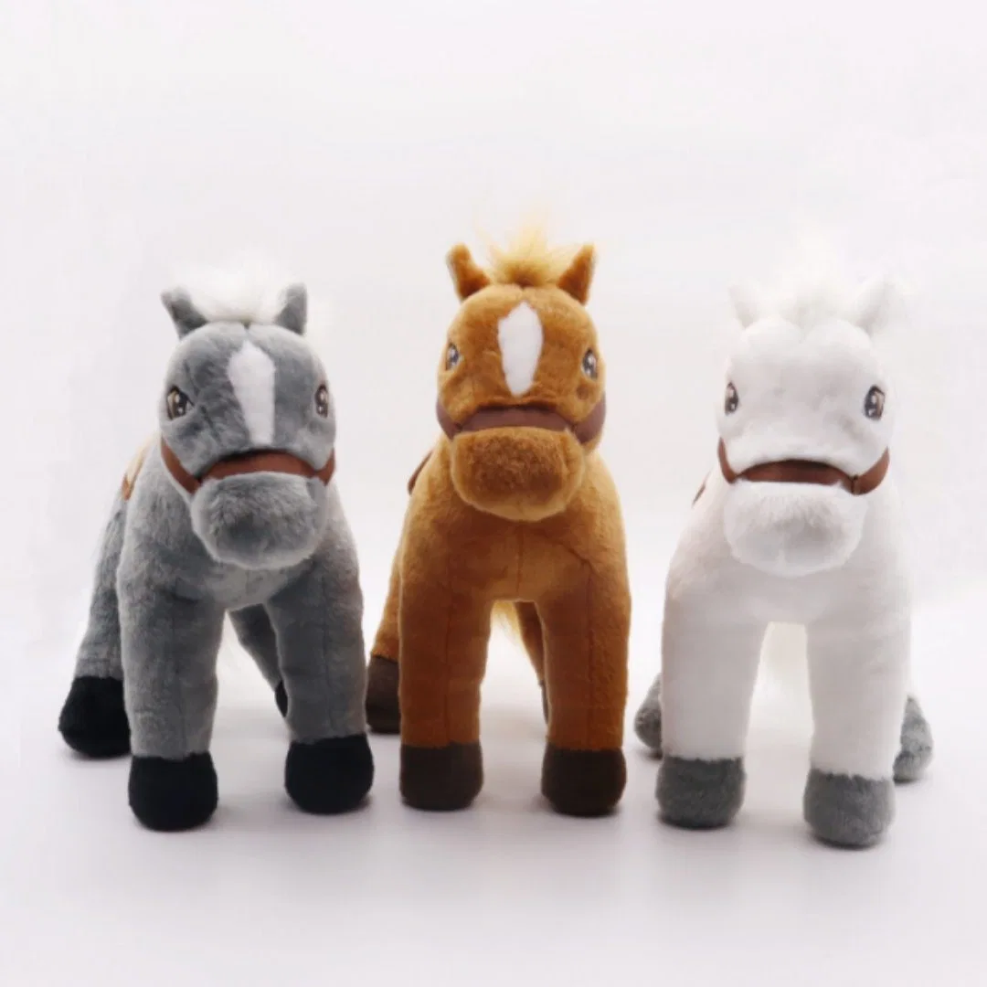 Custom Logo 30 (H) X35 (L) cm Kids Plush Toys Caballo de pie Brown Soft Pony niños cosas de regalo caballo de animales Con el juguete infantil Saddle