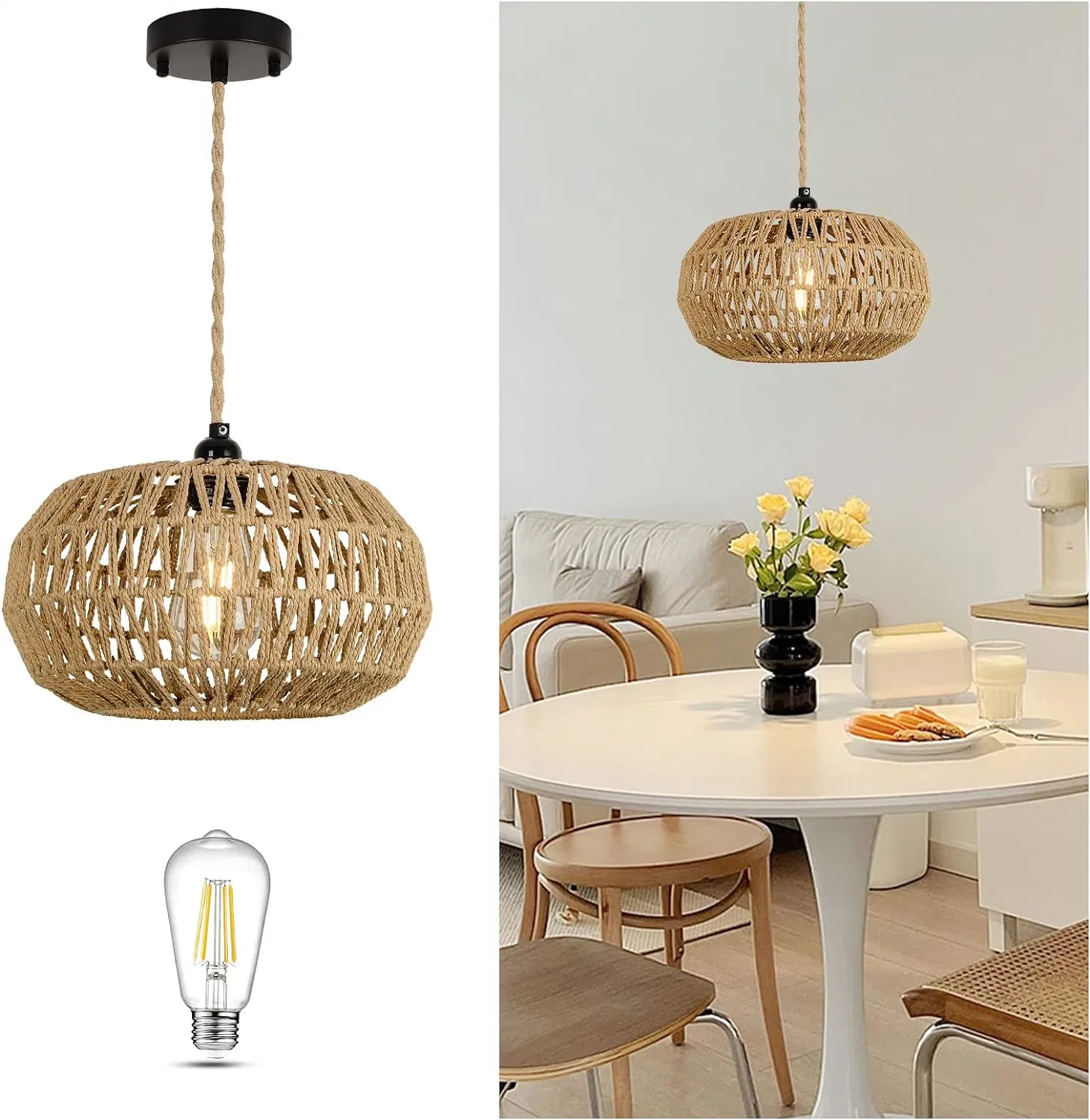 LED Rattan Pendant Lights Chandelier Light Fixture Hand Woven Rope Cage Basket Pendant Light