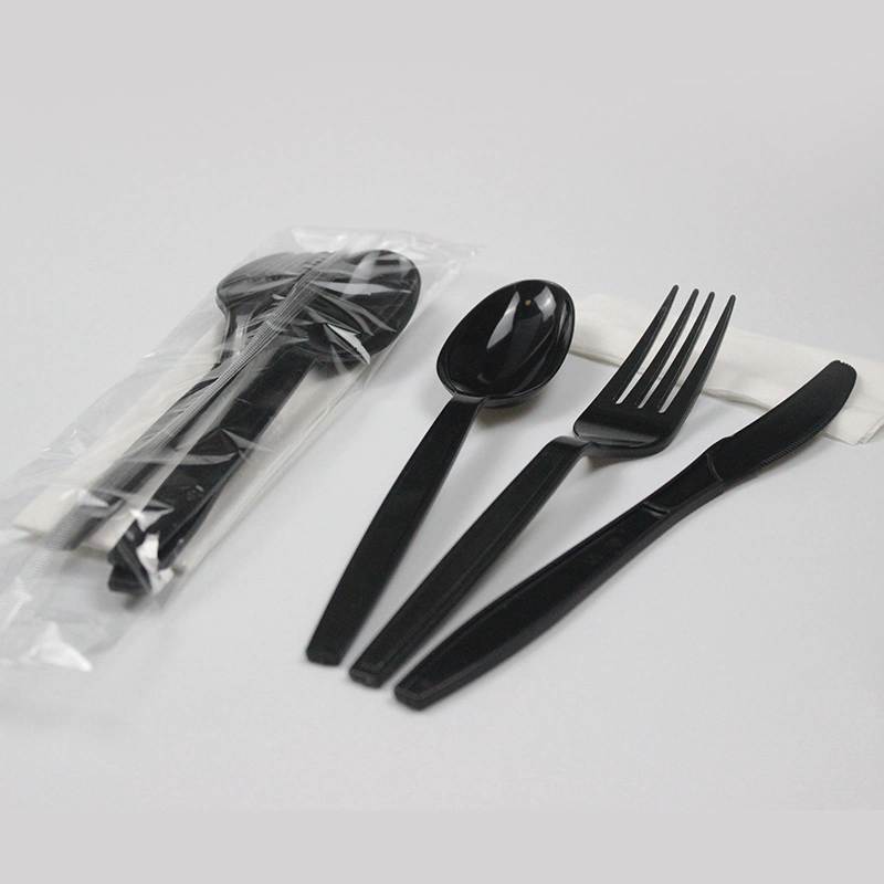 Best Selling Plastic PS Knife Spoon Fork and Napkin in One Individually Package Disposable Black Cutlery Set