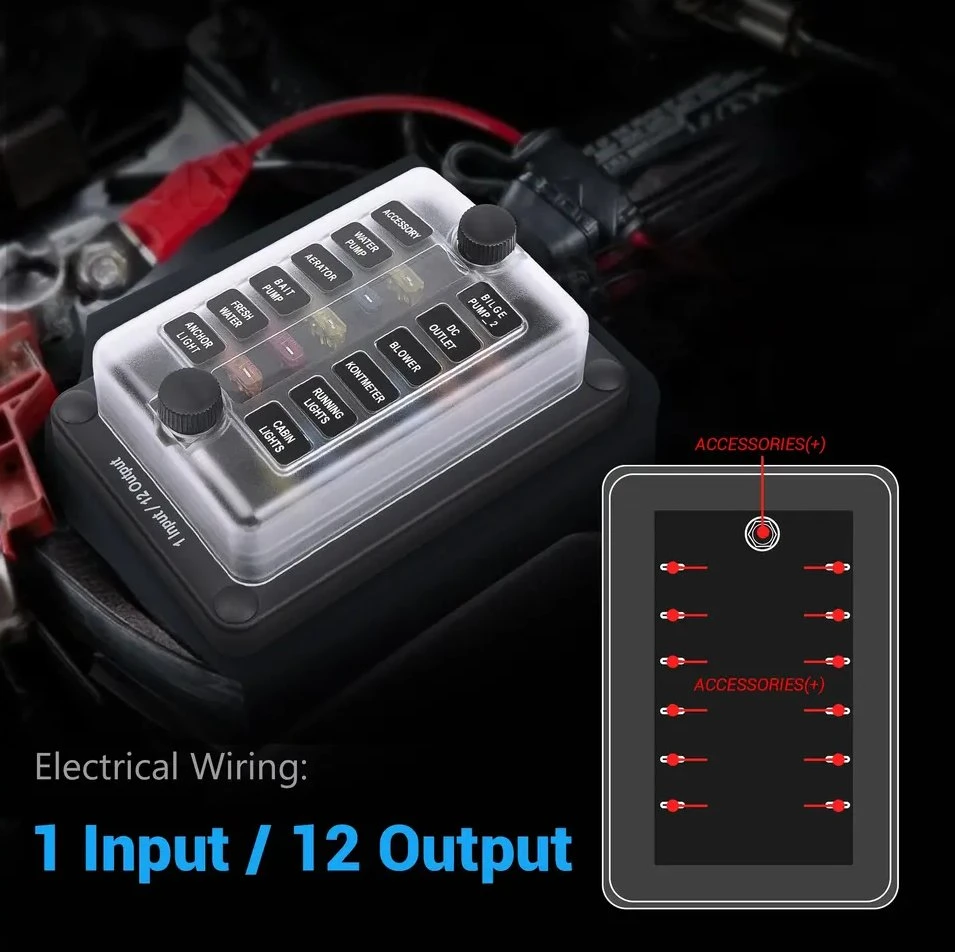 12 Circuit Fuse Block Holder with LED Indicator 12 Input/12 Output Waterproof for Automotive Car Truck Boat Marine RV