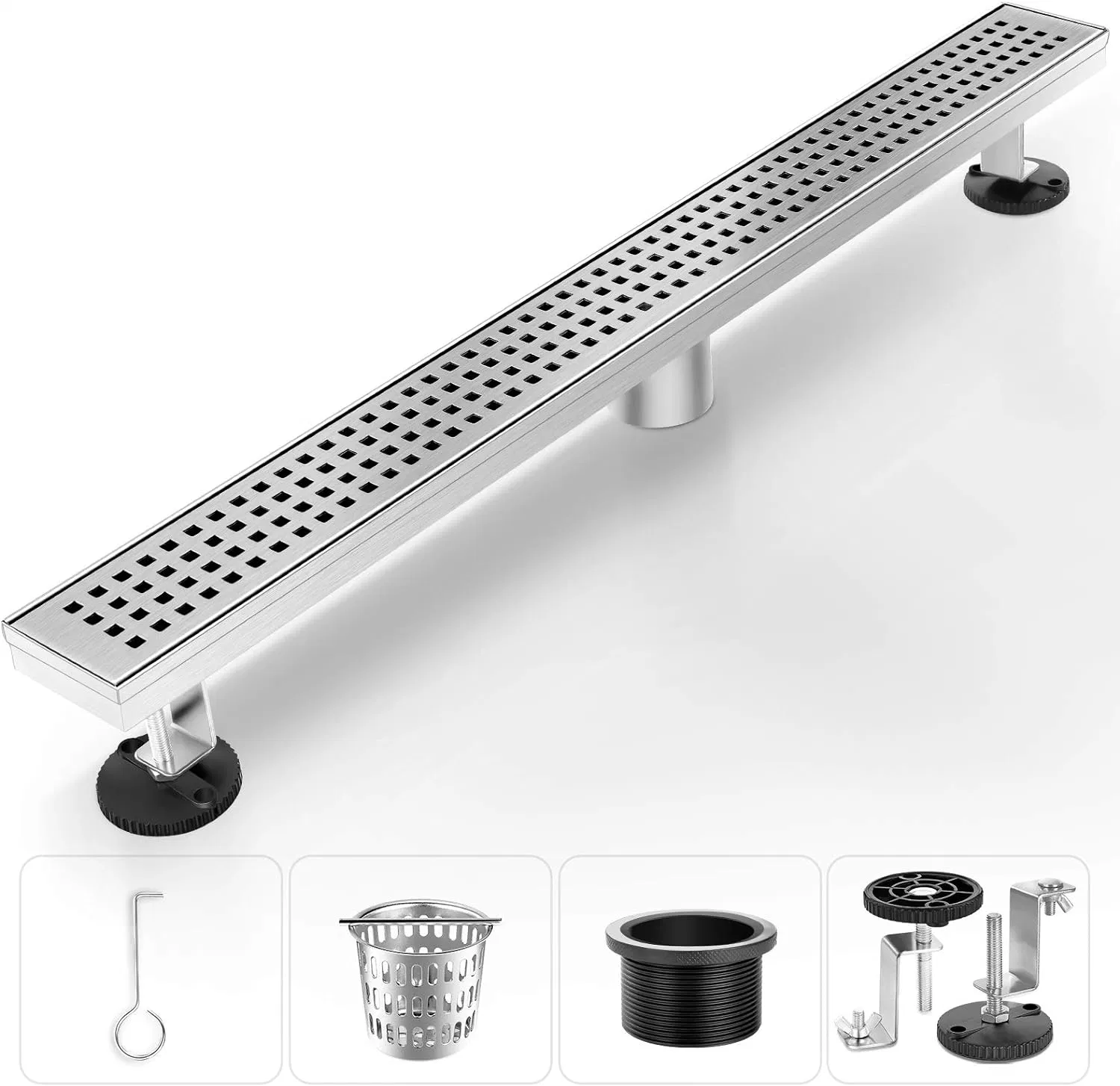 Shower Drain, Linear Shower Drain 12inch (Brushed Nickel) , Modern 304 Stainless Steel Shower Floor Drain with Removable Grille, Adjustable Leveling Feet,