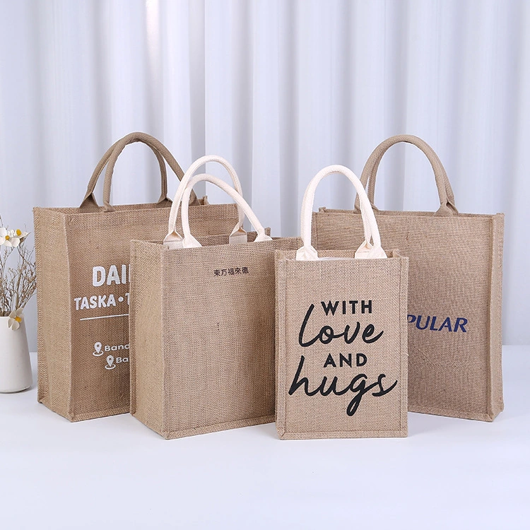 Eco Friendly Brand Logo Printed Shopping Handle Carrying Burlap Bag Promotional Reusable Recycled Custom Linen Tote Jute Bag