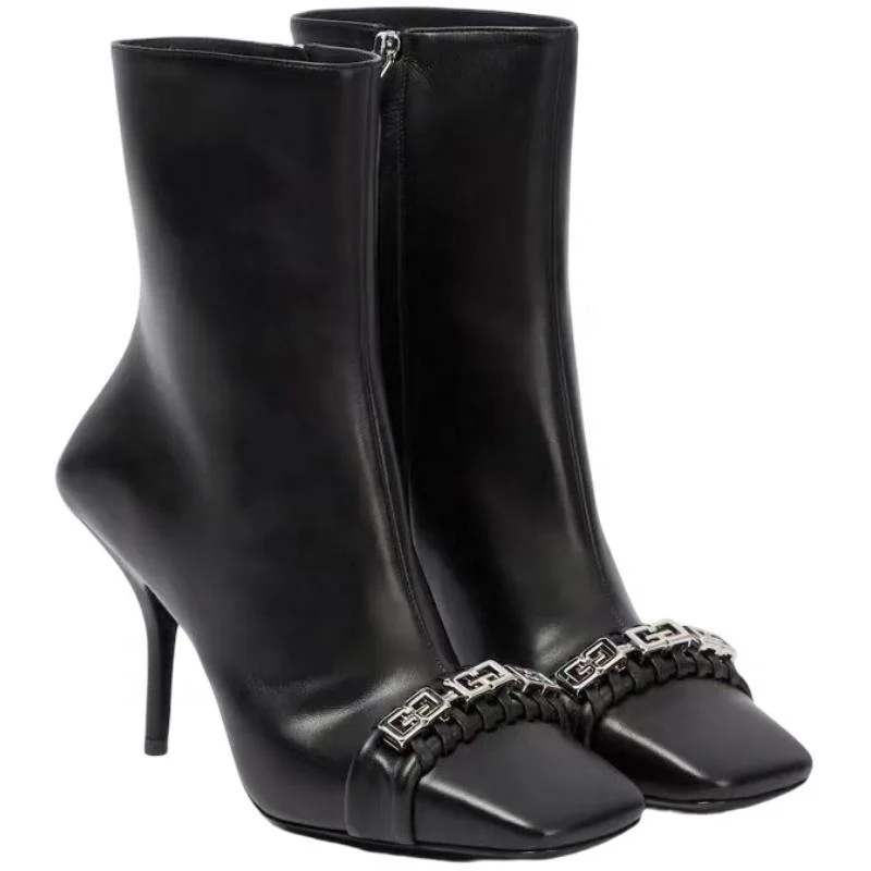 Invierno Nuevo diseño de puntera cuadrada delgado tacón alto tobillo para mujer Botas Zapatillas para mujer Zipper-up cadena de metal Stiletto tacones botines Para las mujeres