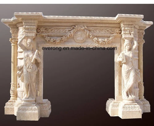 Indoor Decorating Wall Hanging Roman Yellow Marble Fireplace with Angel Carving