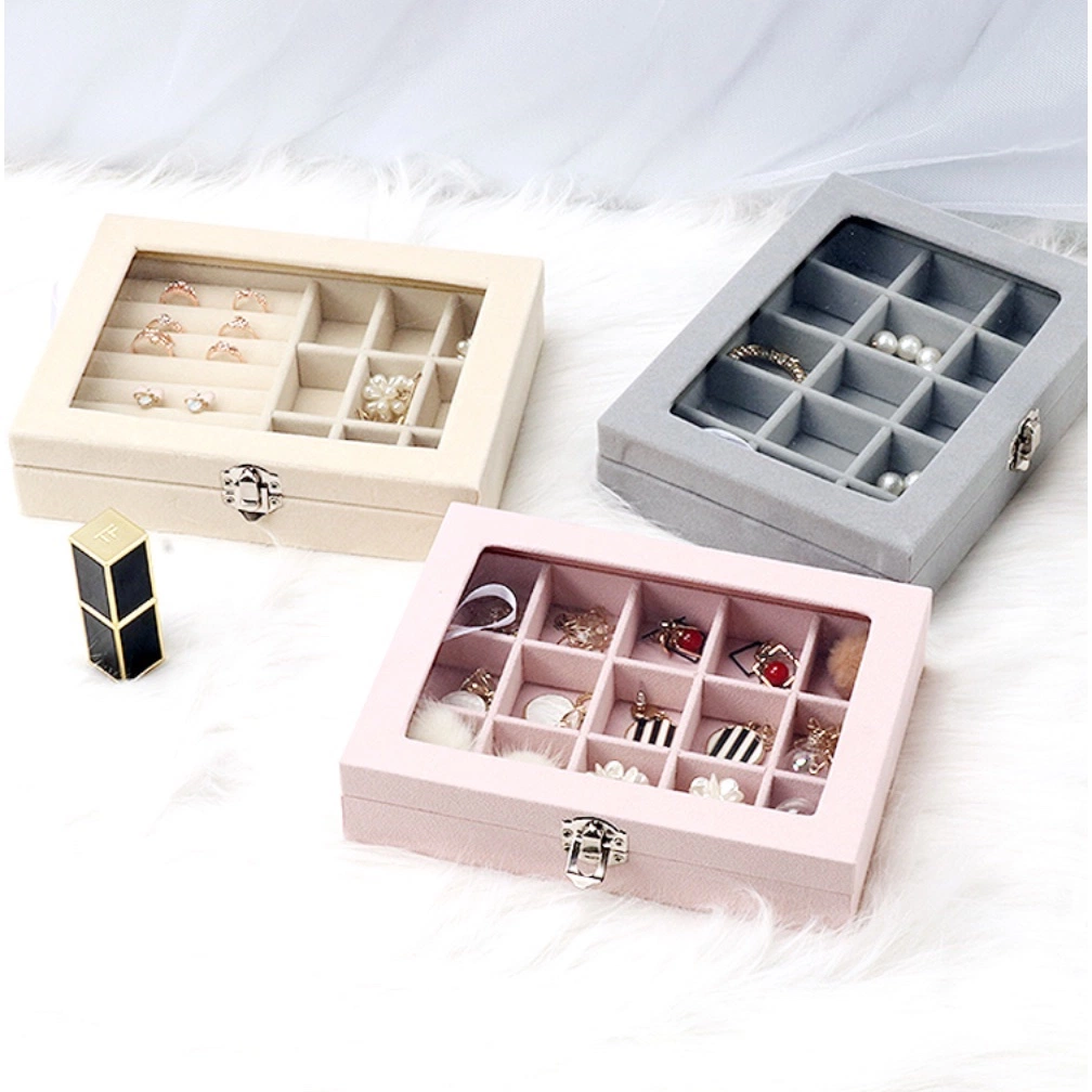 Ins Hot Glass Window Velvet Jewelry Packaging Grid Jewelry Tray Box for Bracelet