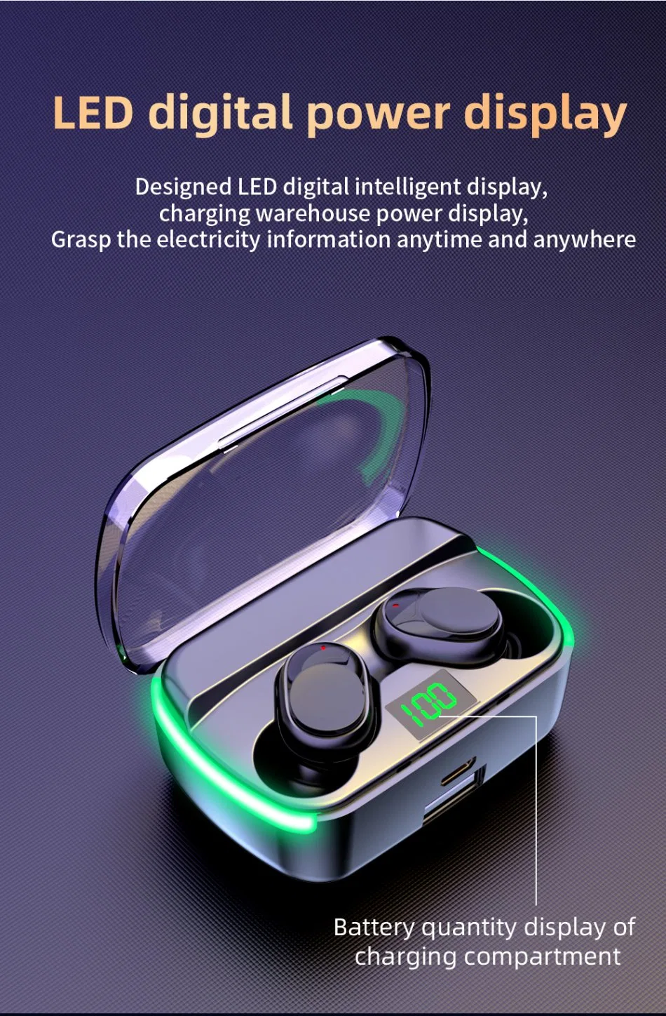 2023 auriculares inalámbricos inteligentes Potencia móvil pantalla digital inteligente con Clear Cover Green Light auriculares Bluetooth