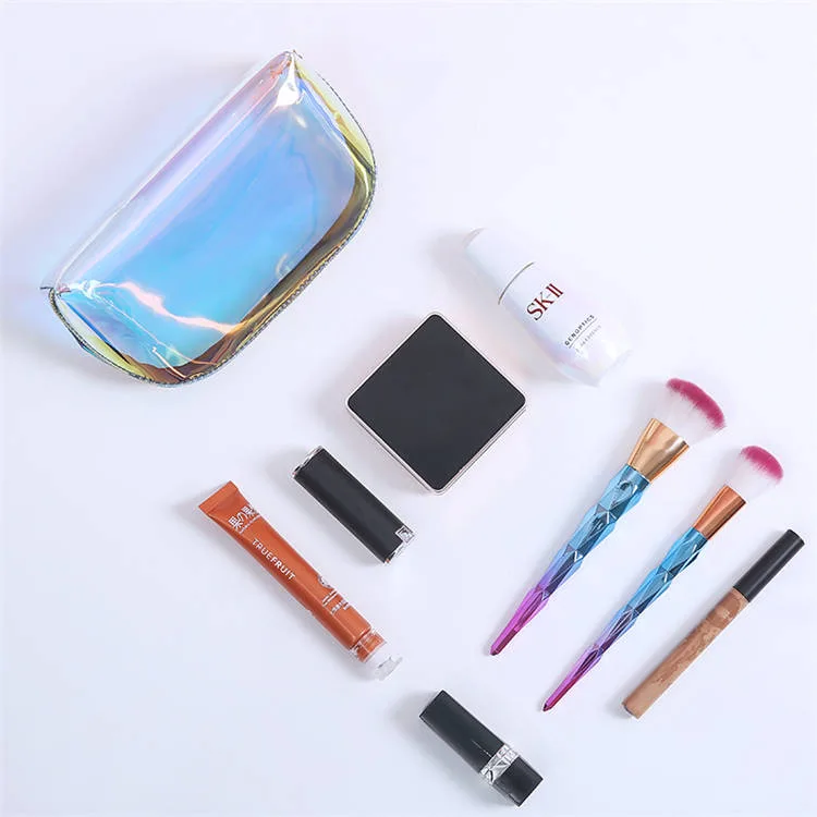 Low MOQ Custom Logo Clear Transparent Holographic Makeup PVC Pouch