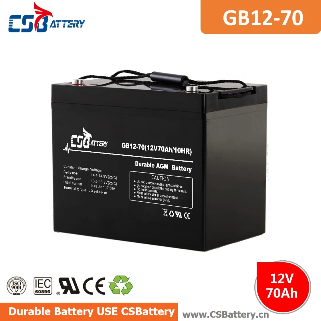 Csbattery 12V70ah MF AGM Bateria für USV/Notlicht/Spielzeug/Adapter/LED-Stromversorgung