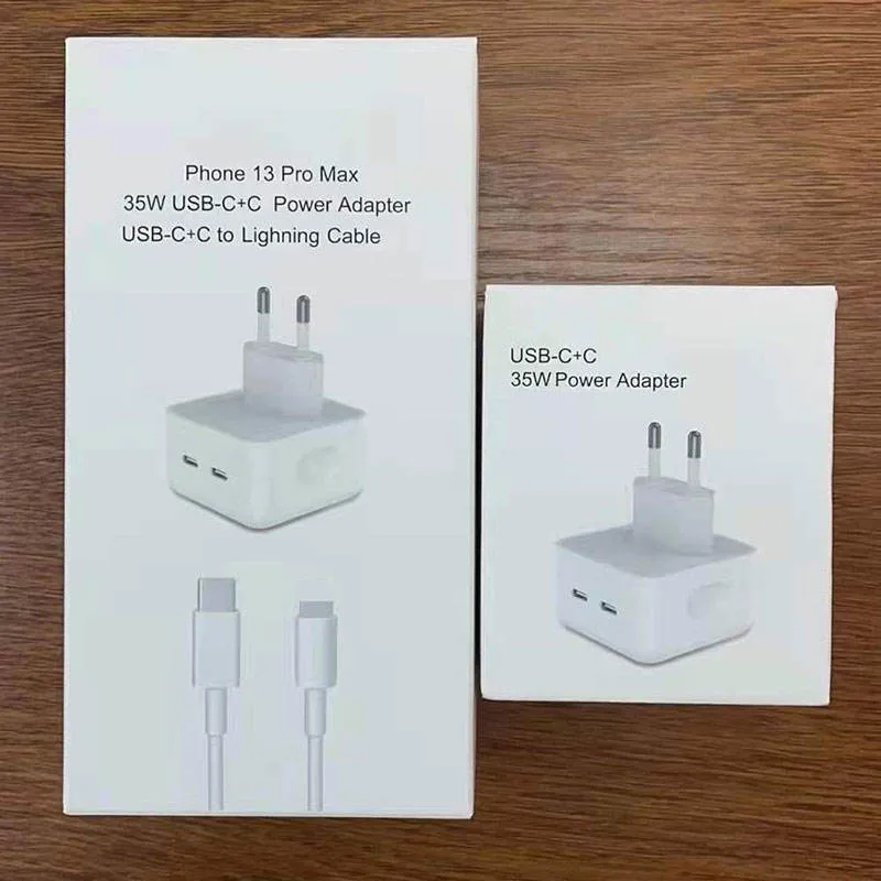 Hot Selling 35W Dual USB-C Port Power Adapter EU/Us/UK Plug Super Fast Charger iPhone 14 PRO Max Cell Phone Wall Cube