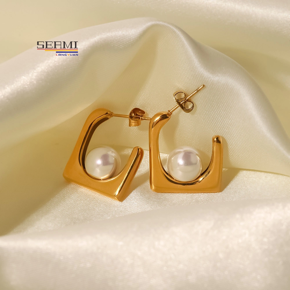 Chapado en oro 18K -White Pearl Pendientes Pendientes de la mujer de acero de titanio