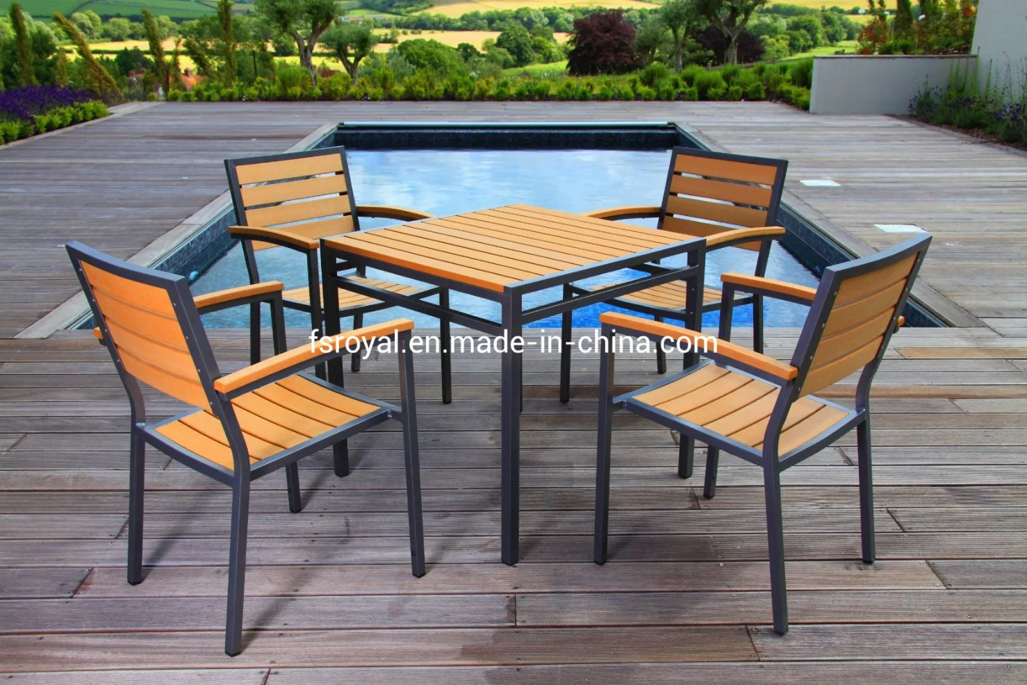 Morden Gartenmöbel Home Hotel Restaurant Patio Garten Sets Speisen Tisch Set Aluminium Rattan Kunststoff Holz Synthetisch Holz Outdoor-Stuhl