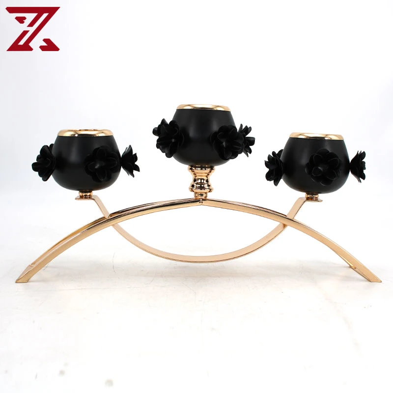 Hot Sale 3 Heads Gold Plated Black Candle Holder for Table Decoration Candlestick
