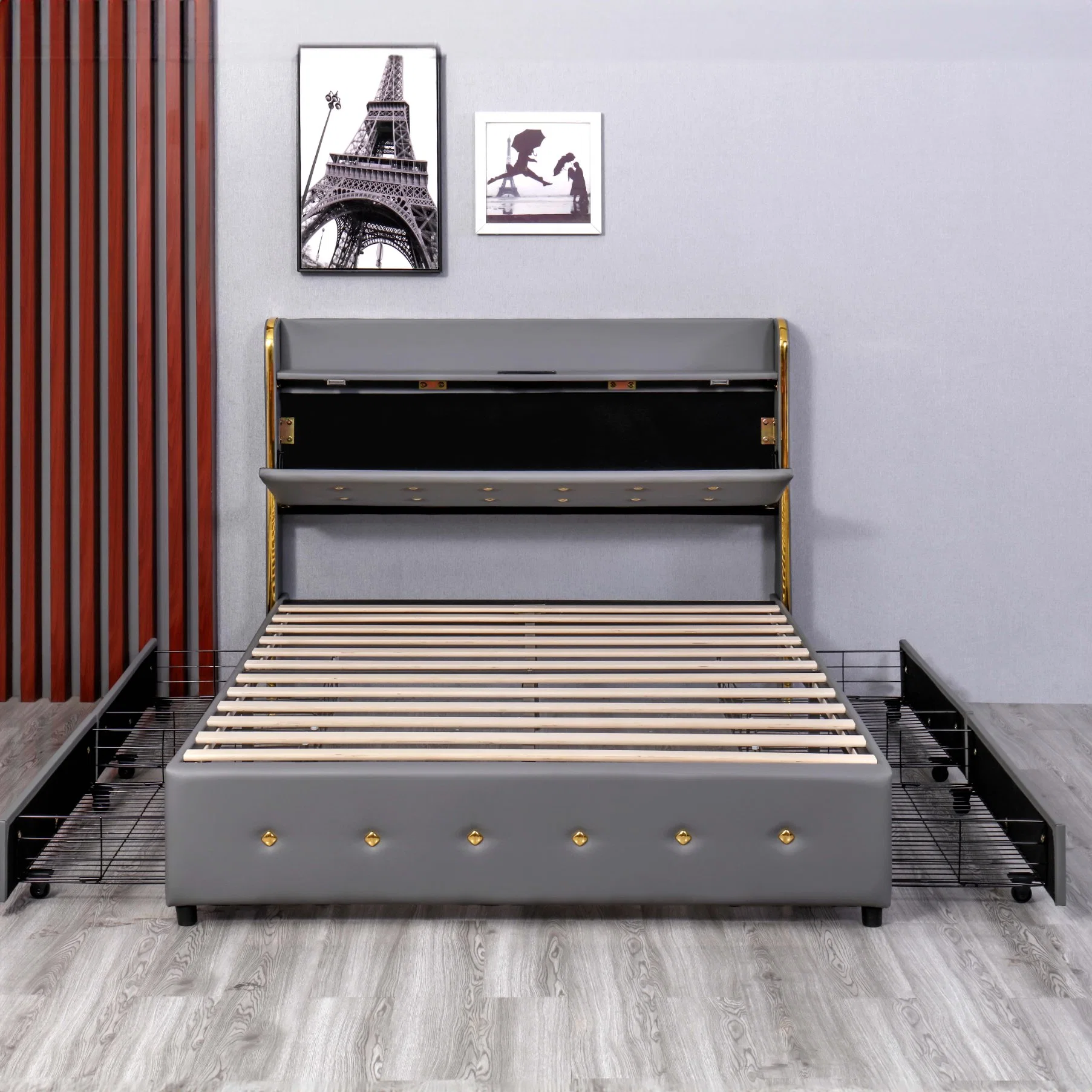 Huayang Frame Queen Storage Size Double Bedroom King Bed OEM with Charging Port