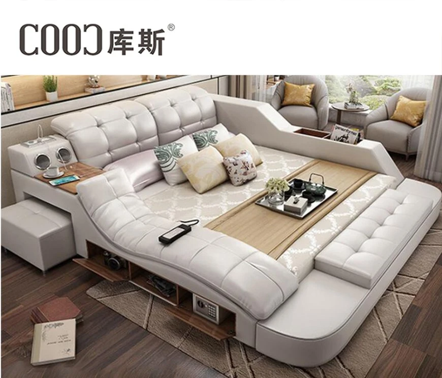 Casa Villa de lujo moderno salón Muebles de dormitorio Suite Bluetooth combinación de cama de masaje tapizado de cuero tejido cama King Size