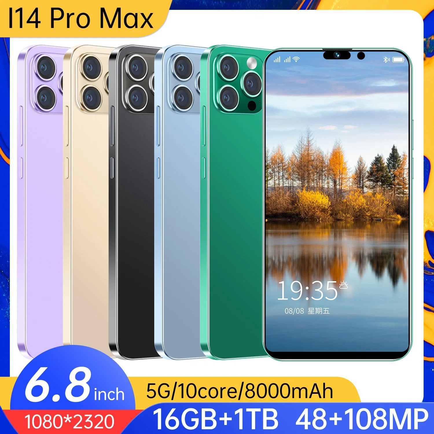 Dual SIM TF Card 16GB Android 12.0 System I14 PRO Max Cellphone Smartphone with 8000mAh