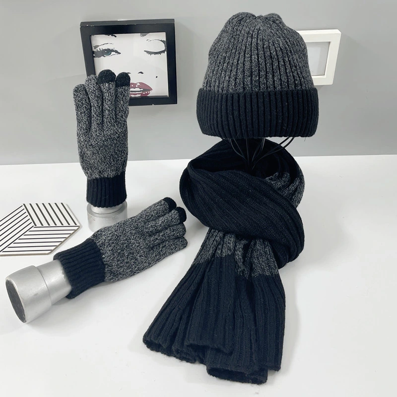 Winter Wool Plus Velvet Warm Suit European and American Foreign Trade Knitted Hat Scarf Gloves Men's Three-Piece Set