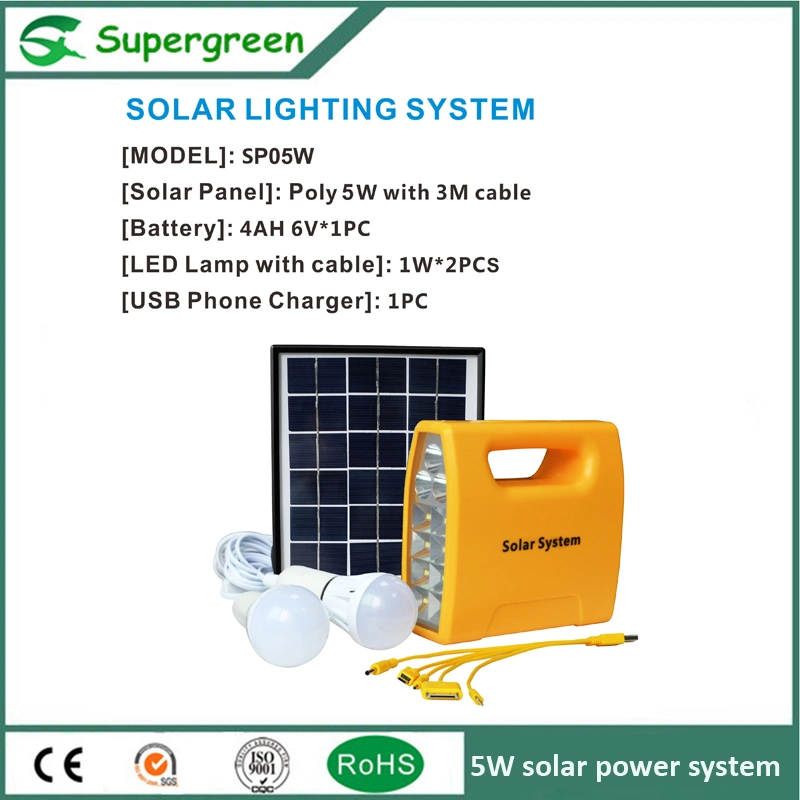 5W de potencia DC Solar Sistema Solar 1W Kit de iluminación del hogar