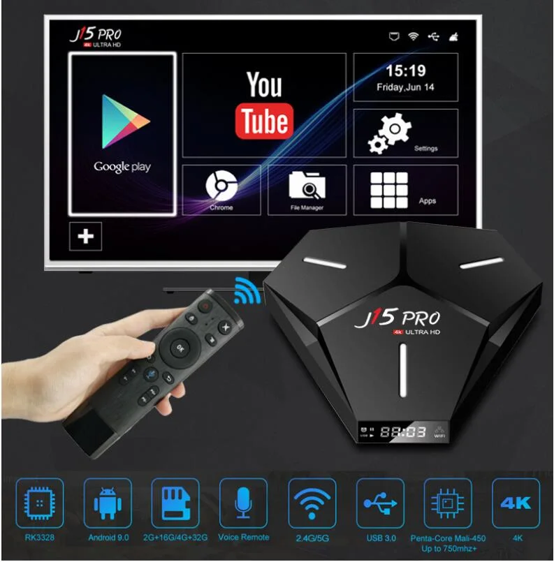 Nouveau 4Go 64GB Android 9.0 Smart TV Box J15 PRO RK3328 2 Go de RAM 16 GO ROM 2.4/5g WiFi à distance de la voix HD 1080P IPTV Set Top Box de la Chine la vente en gros en usine