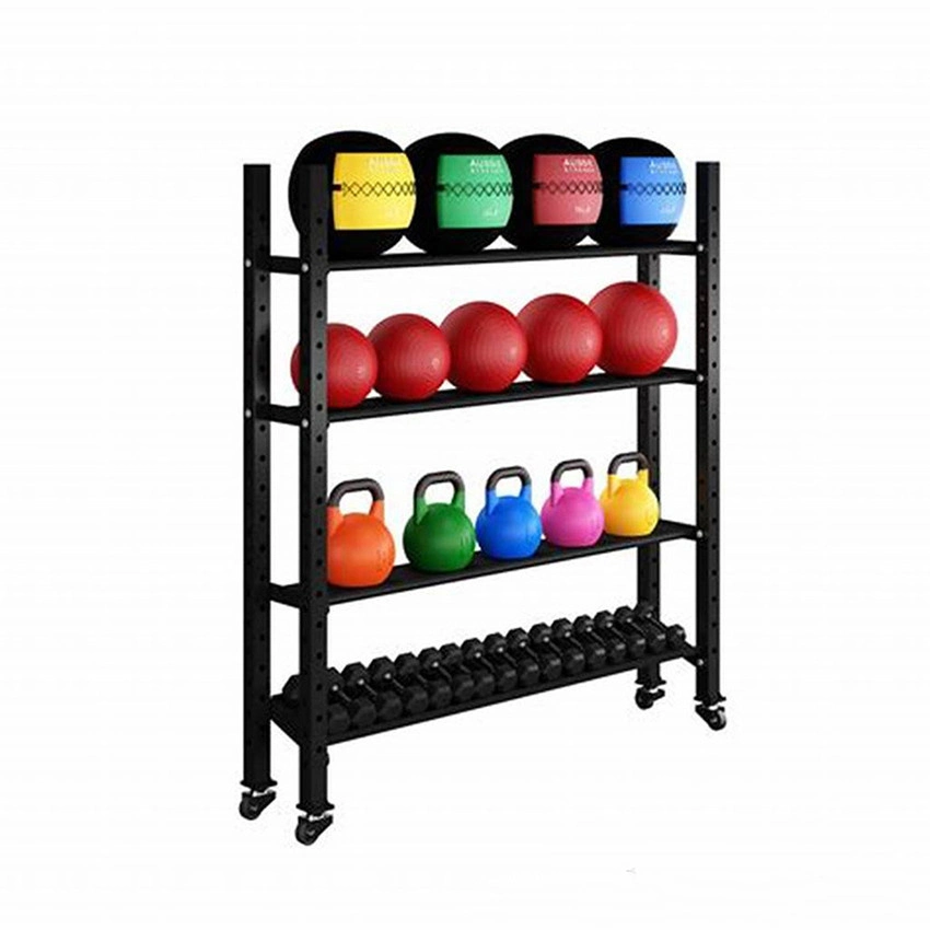 Gym Multi Storage Rack Hot Sale 4 Layer Gym Storage Equipment Slam Ball Wall Ball Medicine Ball Kettlebell Dumbbell Rack Weight Plate Rack with Wheel