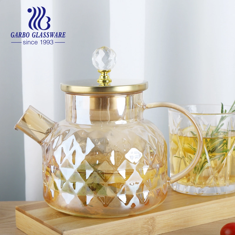 Promotion Gift Golden Colored Pyrex Borosilicate 1L Glass Teapot with Decoration Diamond Lid