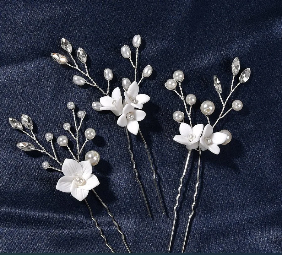 Bridal Wedding Clay Hair Stick Hair Pin. Bridal Rhinestone Porcelain Flower Hair Pin Hair Accessories. Wedding Porcelain Flower Hair Stick Headpiece 3PS/Set