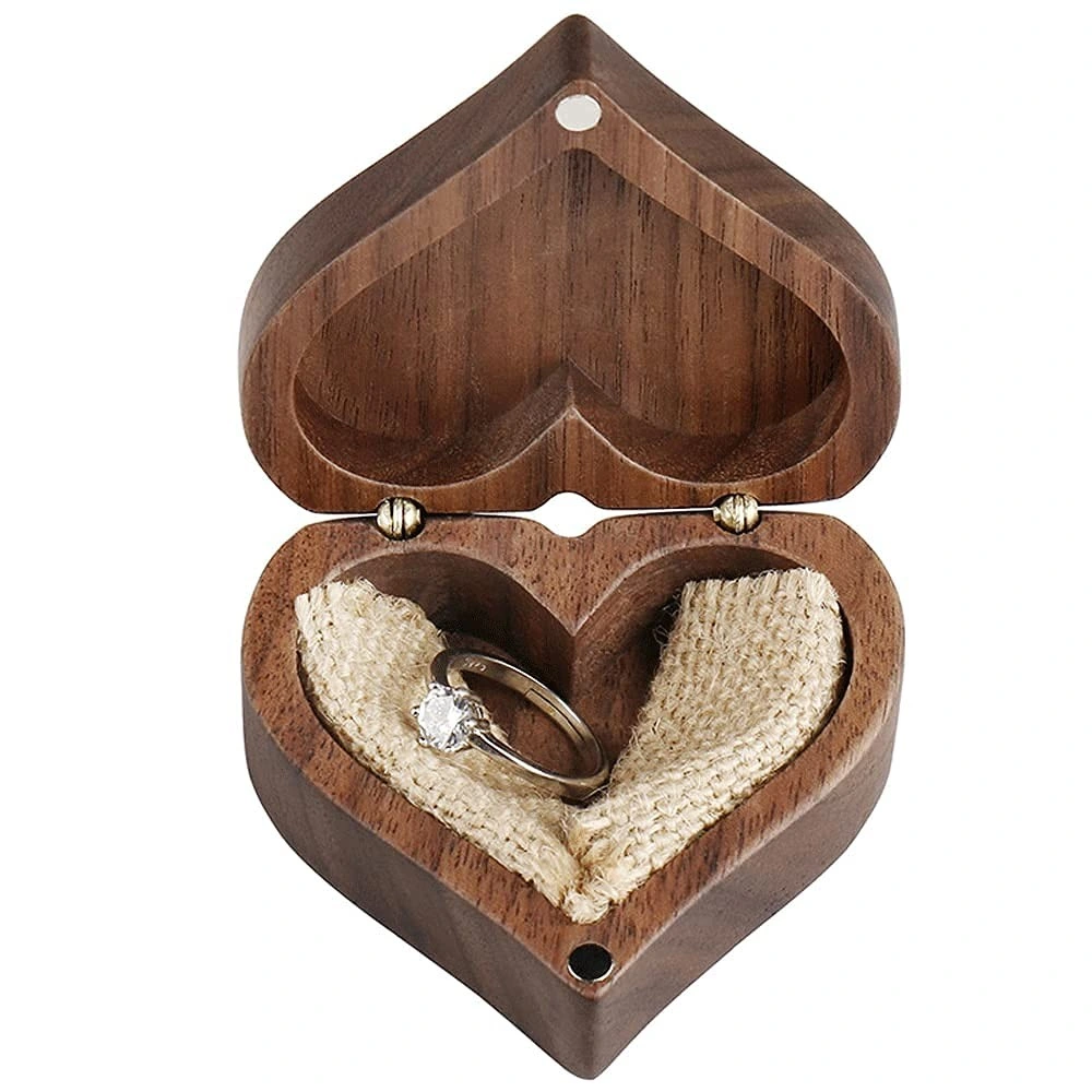 Heart Shaped Walnut Wood Velvet Soft Interior Jewelry Ring Box