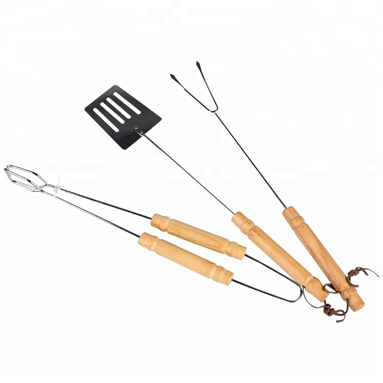 Arbeque Grill Tools Professional Stainless Steel Wooden Handle 3 Pieces BBQ Grill Tool Set