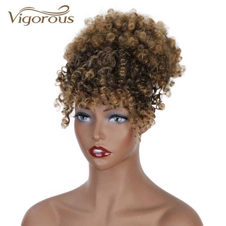 New Design Short Kinky Curly Fluffy Elastic Synthetic Hairpiece with Bangs