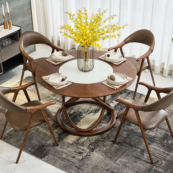 Art Design Nordic Style Home Furniture 4 Seater Dining Table Set Walnut Carved Round Solid Wood Table Dining Set