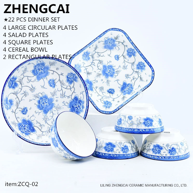 Restaurant High Quality Daily Use New Bone China Tabeltop Creative Square White Ceramic Dinner Set Tableware Plate Porcelain Palm 22-Piece Dinnerware Set