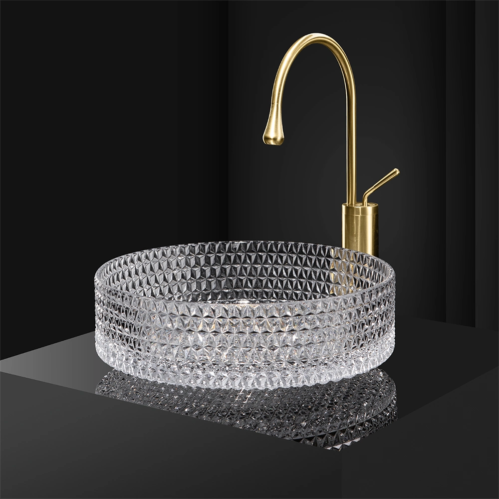 Transparente tazón de vidrio de cristal, lavabo negro para baño.