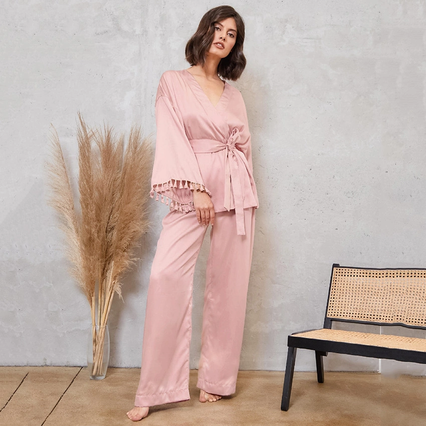 Womens Tassel manches longues robe de satin Pyjama 2 pièces robe rose robe Pajama Set les vêtements de nuit