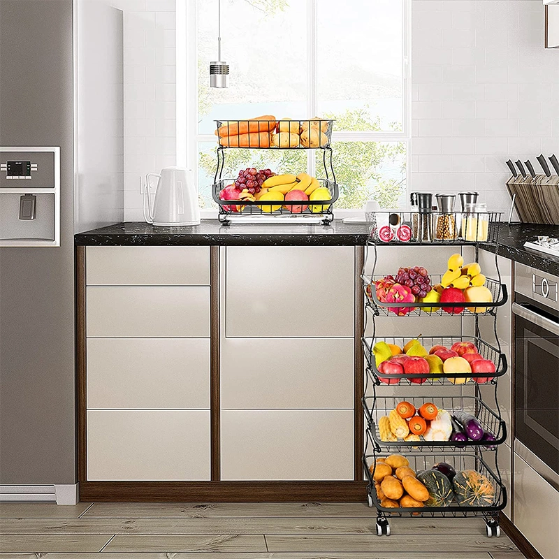 Large Capacity 5 Layers Movable Rotating Kitchen Trolley Carts Vegetable Display Shelves Storage Rack Kitchen Storage