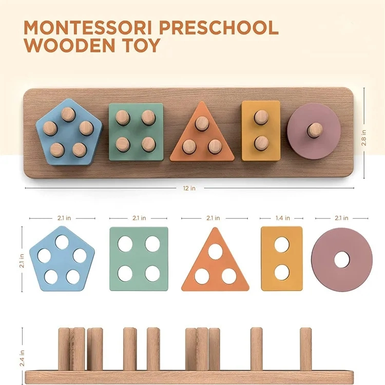 2023 Nuevo Montessori cinco columnas de inteligencia de la Junta de puzzles geométricos la coincidencia de apilamiento de juguete de madera módulos educativos para niños