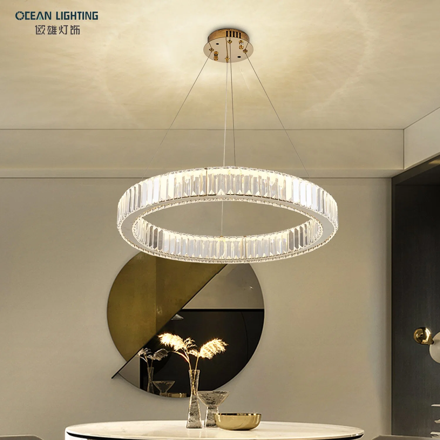 Luz colgante de cristal LED grande en forma de círculo, contemporánea, de lujo y moderna para decoración interior con iluminación oceánica