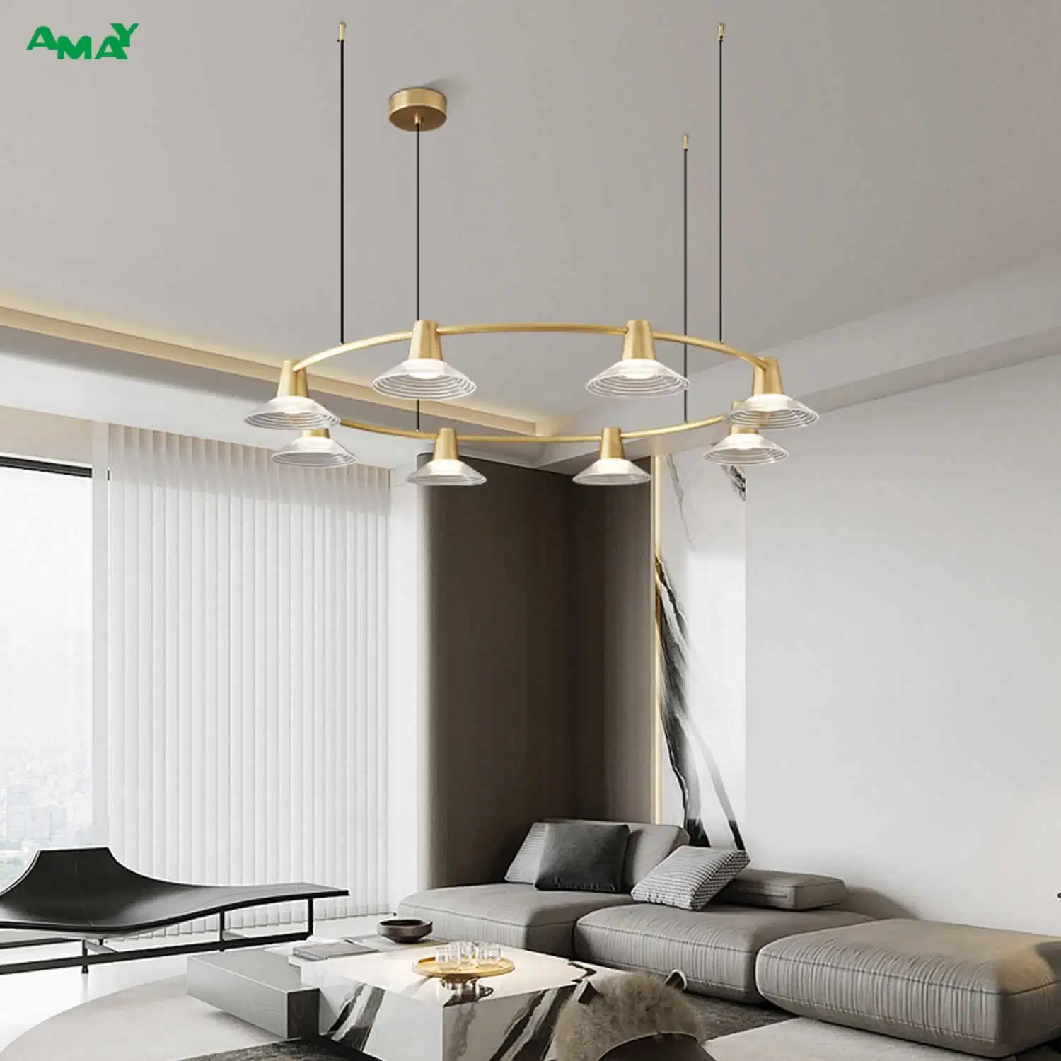 Brass LED Modern Copper Glass Shade Hanging Lamp Interior Lighting Home Longmont Chandelier