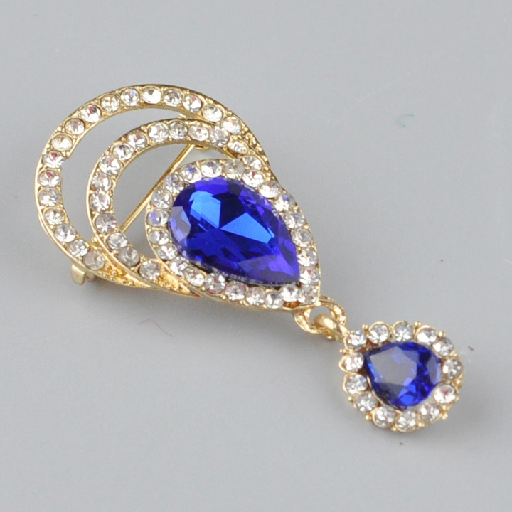 Wholesale New Design Gold Plating Water Drop Blue and Crystal Brooches with Pin