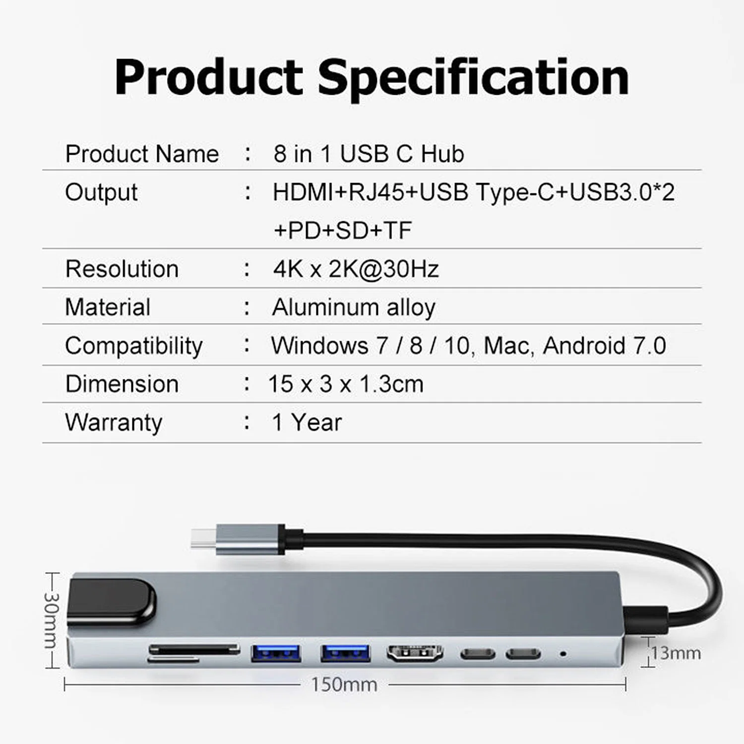 موزع USB C 8 في 1 من النوع C 3.1 إلى مهايئ HDMI بدقة 4K مزود بقارئ بطاقات SD/TF RJ45 المزود بشاشة مسطحة سريعة شحن الكمبيوتر المحمول MacBook