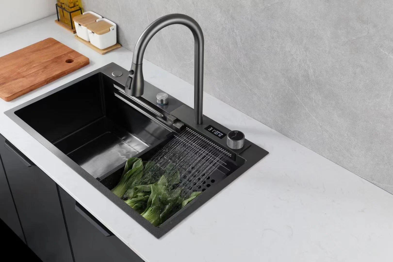 Kitchen Sink 304 Stainless Steel Handmade Above Mount Waterfall Faucet Farmhouse Multi-Fonction Stainless Steel Sink