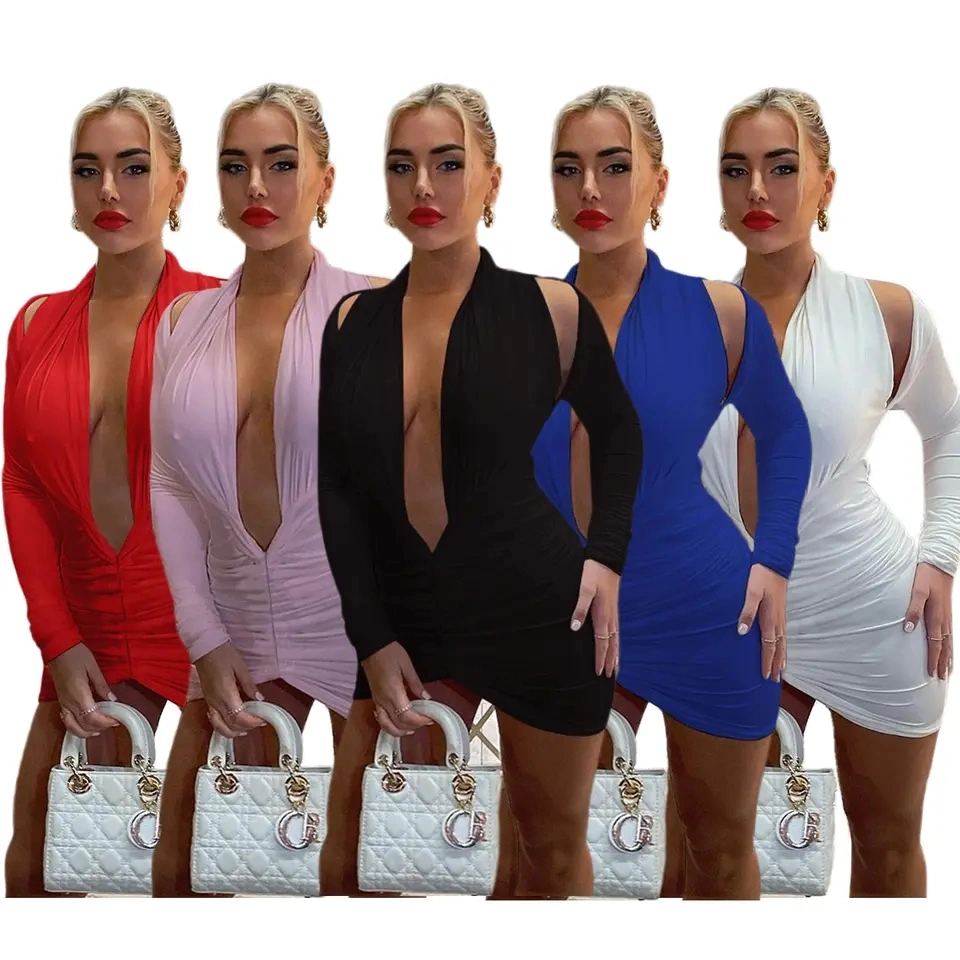 V Neck Full Sleeve Solid Color Halter Pleated Sexy Mini Dress for Women