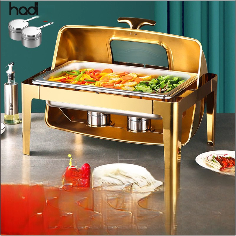 Luxury Decorative Fancy Chafing Dish 9.0L Large Capacity Rectangular Shape and Roll Top Chafing Dish Silver and Gold Color with Glass Window