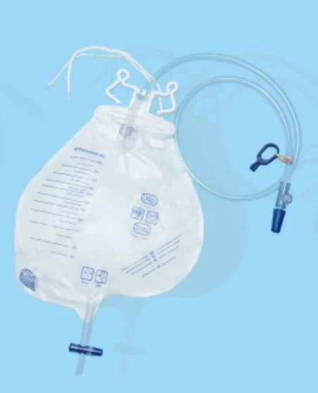 322 Shape, 2000ml Drainage Bag, with 120cm Inlet Tube, with Non Return Valve, Air Vent, Bed Sheet Clamp, Needleless Sampling Port, T-Tap Bottom Draining.