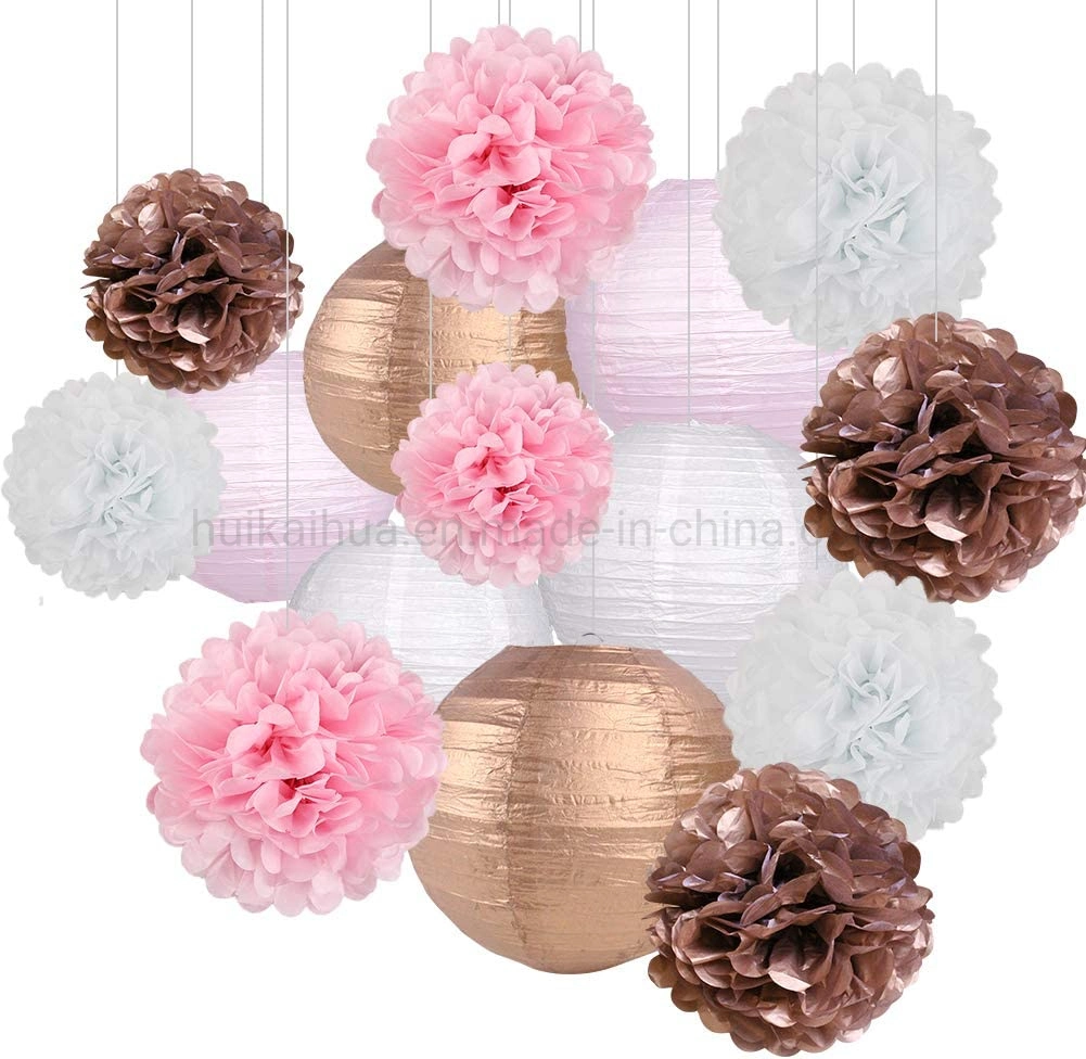 Design for Wedding Valentine's Day Birthday Party Decor Golden and Pink Hanging Round Paper Lantern and Pompom