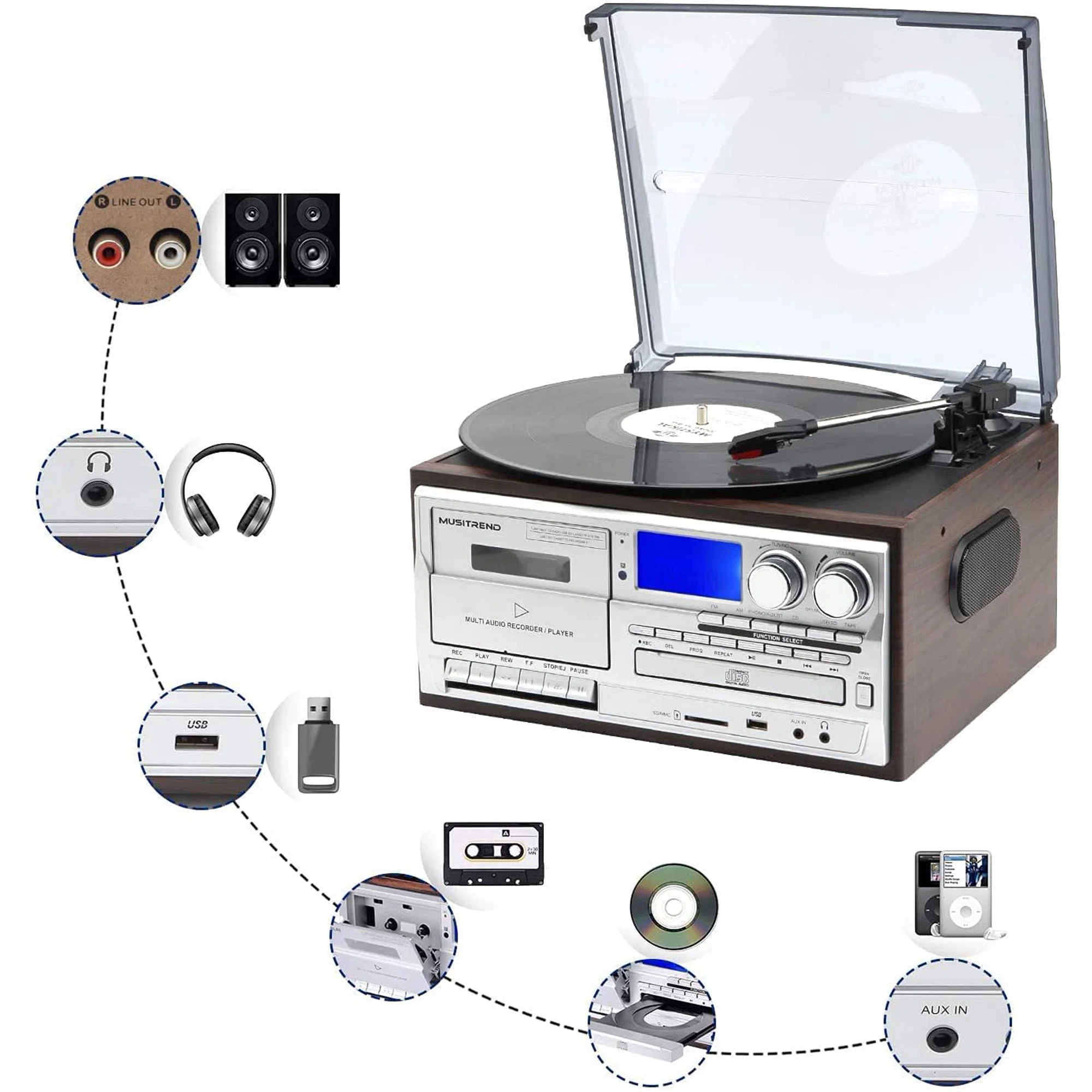 CD Player Cassette Recording and Player USB SD FM Radio Vinyl Record Player