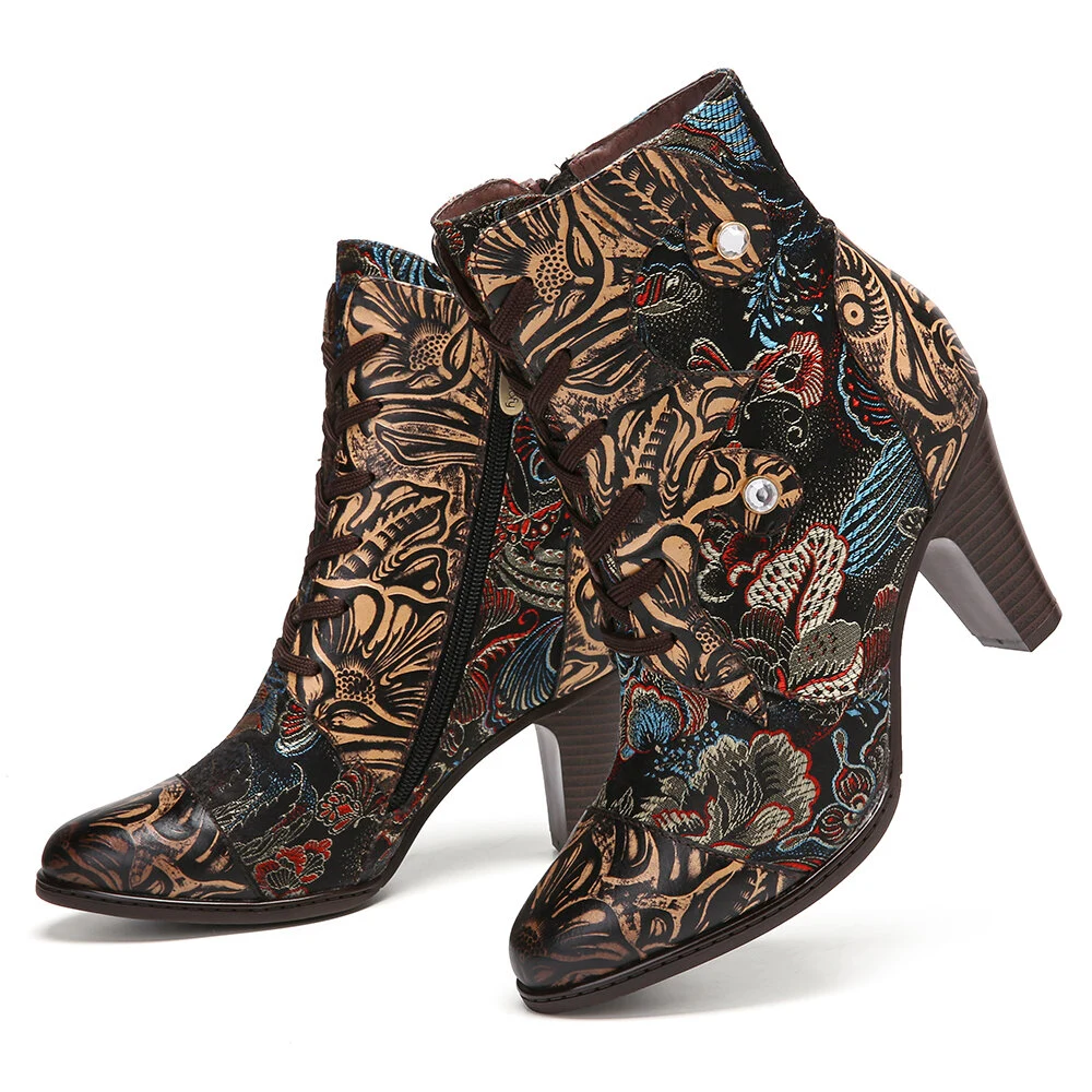 Vintage Floral Printed Cowhide Leather Warm Lined Wearable Short Boots