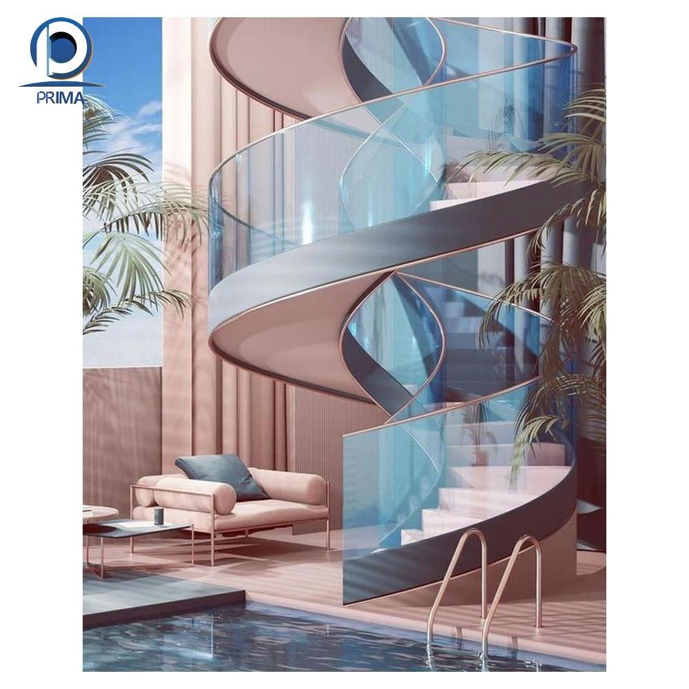 Modern Stylish Tempered Glass Steps Stainless Steel Frame Spiral Stairs Curved Staircase for Villa