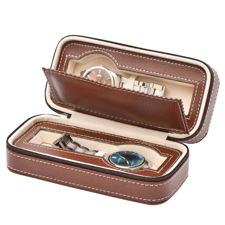 Hot Selling Portable PU Leather 4 Slots Zipper Watch Bag, PU Leather Travel Watch Box Case for 2 Watches Storage, Mens Luxury PU Leather Watch Box