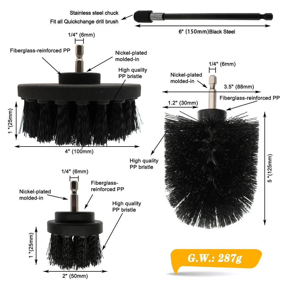 4PCS/Set Profession Black Drill Brush Attachment Cleaning Kit Auto Care Set Includes 3 Different Size